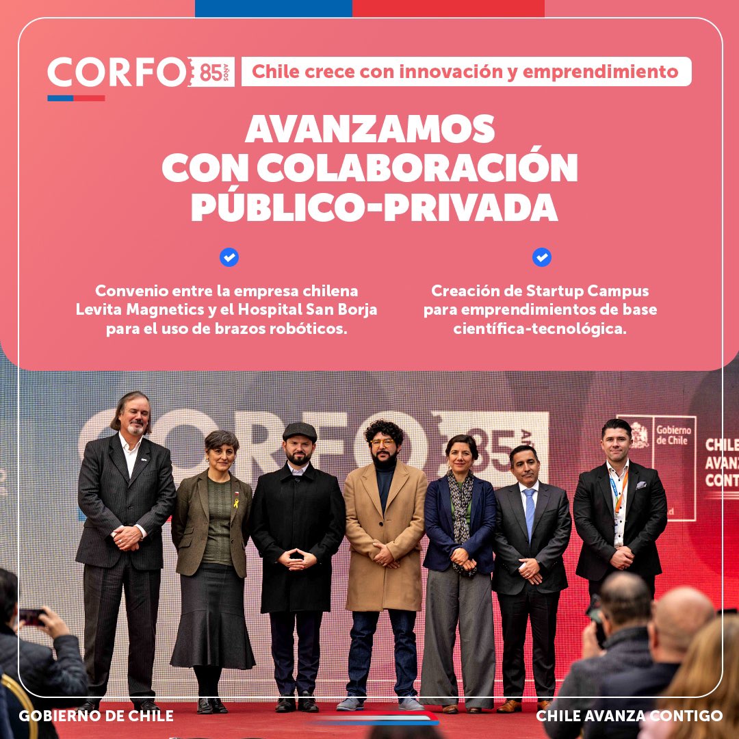 Hoy el Presidente @GabrielBoric participó del aniversario 85° de @Corfo, en el que se anunciaron nuevas medidas para impulsar la innovación y el emprendimiento de la mano de la colaboración público-privada.