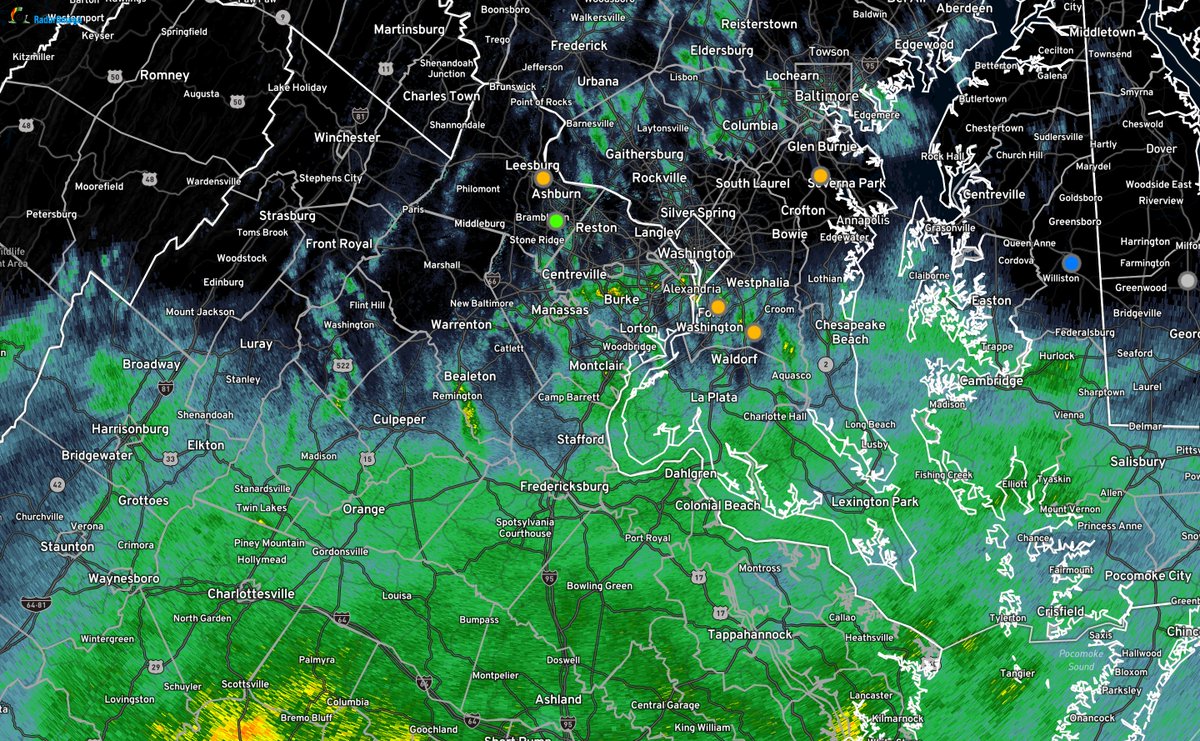 6:38PM: Much more widespread and steady rain is beginning to push in from the south. This will continue into the night. Rain could be locally heavy in spots and some minor flooding cannot be ruled out.

Expect this to impact the rest of the evening commute. #vawx #mdwx #dcwx