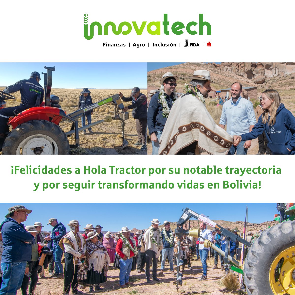 InnovatechLatam's tweet photo. En 2022 conocimos a @HolaTractor #Agtech boliviana con grandes sueños que destacó en @InnovatechLatam al mostrar comprensión rural y resiliencia. Un claro ejemplo de cooperación público-privada. Reforzaron alianzas con @IFAD, con una visita en campo de su presidente ¡Felicidades! https://t.co/Yyc4KcFcj9