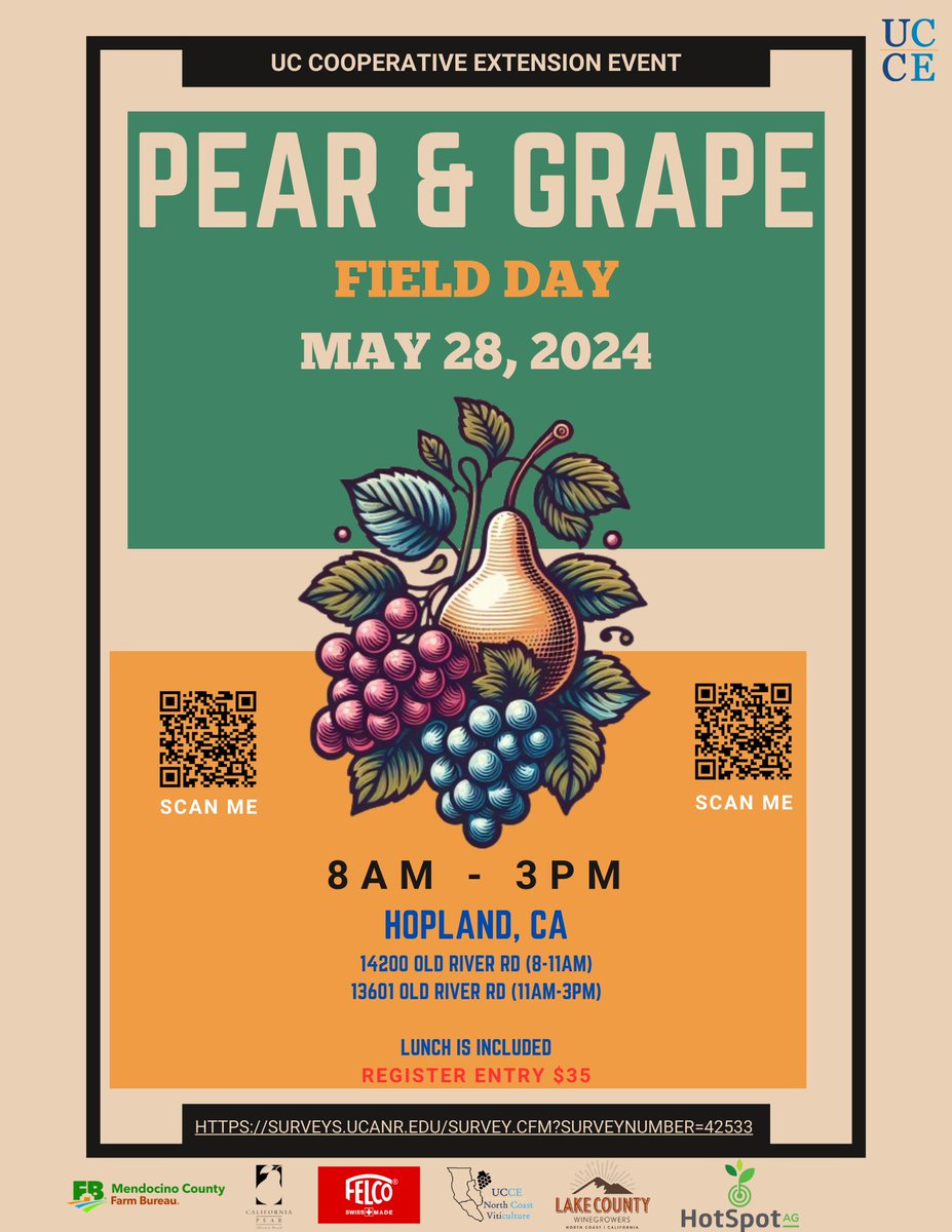 Tuesday, May 21 is the last day to register for UCCE Pear and Grape Field Day. Choose which crop you'd like to focus on and hear from experts and researchers in the field. Lunch is included. More info at: ucanr.edu/sites/ChenLab/… and Registration at:surveys.ucanr.edu/survey.cfm?sur…