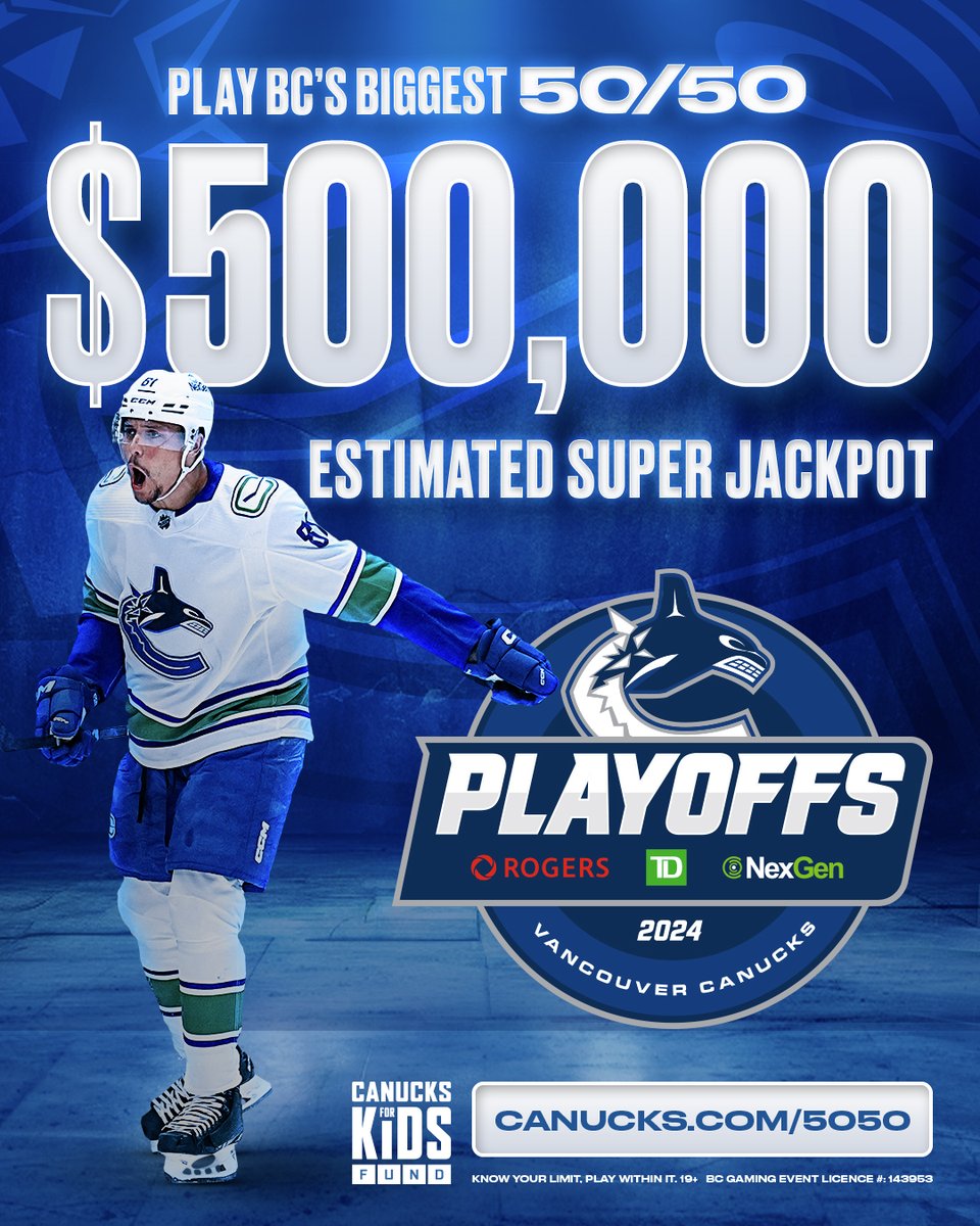 Don't forget to grab your 50/50 tickets for an estimated $500,000 Super Jackpot! 🎟 Sales close at the end of the 2nd intermission tonight. Must be 19+ and located in BC to play. BUY NOW | vancanucks.co/5050AwayTW