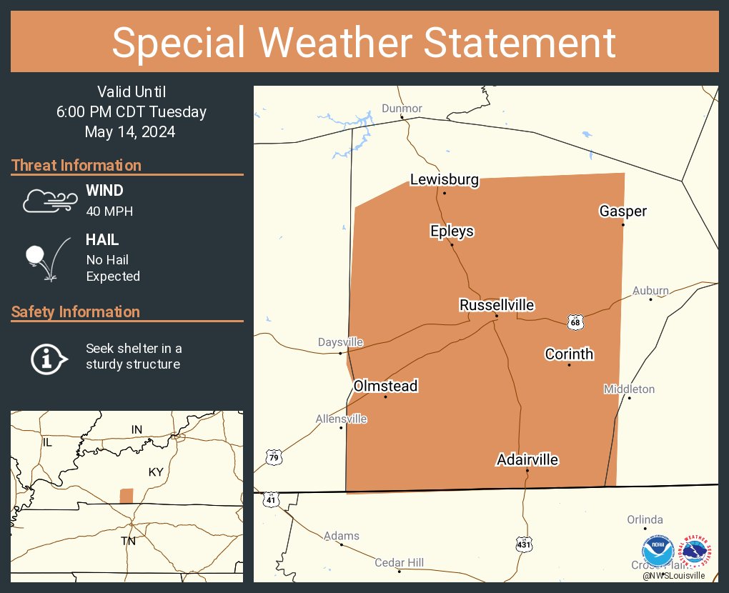 A special weather statement has been issued for Russellville KY, Adairville KY and Lewisburg KY until 6:00 PM CDT