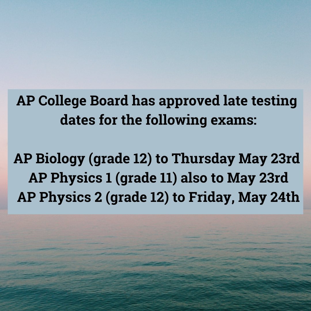 The remaining AP Exams for this week have been rescheduled.