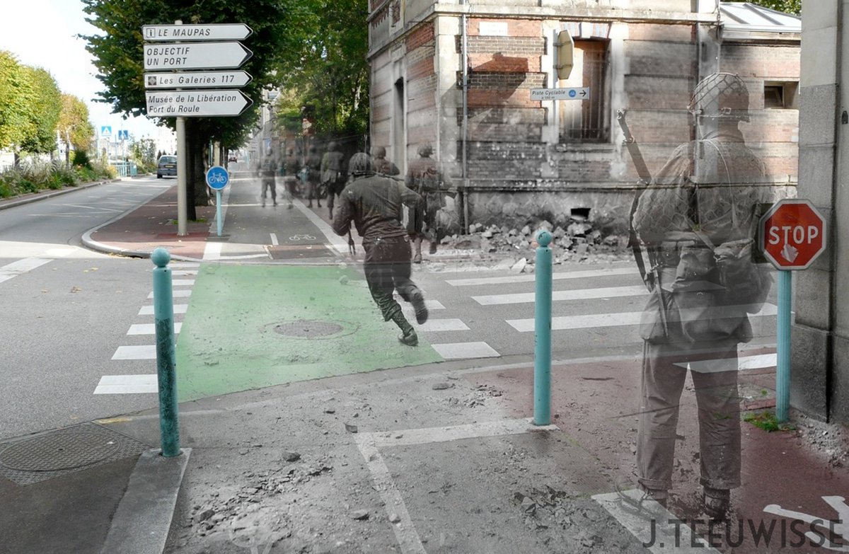 Cherbourg, avenue de Paris, ancien Poste de Police, jardin Public. By combining historical pictures with photos made on the exact same spot today, I tried to make people realise that history is all around us. That where you live, work or go to school, once people fought, died or