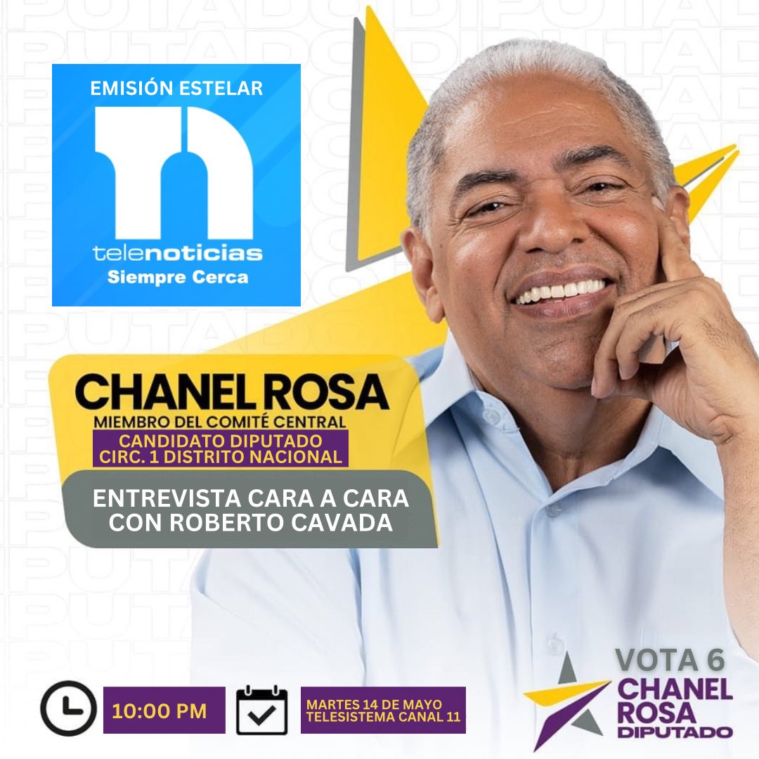 Esta noche, a partir de las 10:00 pm, @ChanelRosa en entrevista exclusiva cara a cara con Roberto Cavada (@RCavada) en la Emisión Estelar de @TelenoticiasRD por @Telesistema11RD. ¡Contamos con su sintonía! 

#Vota6 #ChanelDiputado #Vota6ChanelDiputado