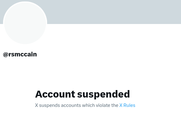 When @elonmusk bought Twitter in 2022, he promised to end the Thought Control regime, wherein a totalitarian policy was enforced by the ideologues of 'Trust & Safety.'

@rsmccain was banned more than EIGHT YEARS ago.

And is still suspended. Why?