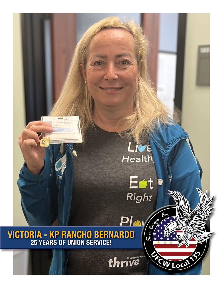 Shout out to Victoria at Kaiser Permanente's Rancho Bernardo Outpatient Pharmacy. A Pharmacy Tech, she recently received her 25 years of union service pin. Many thanks to her and all of our healthcare professionals for all they do to keep our communities healthy.