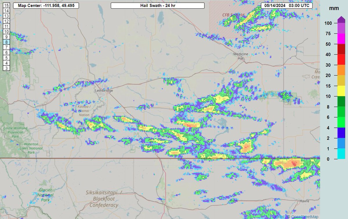 Seeking Hail Reports #ABstorm: Yesterday (May 13) a series of short-lived storms affected southern AB (see MRMS hail swath below). Some of these may have produced hail exceeding severe limits (i.e., &gt;20 mm).

Let us know if you saw or heard anything!