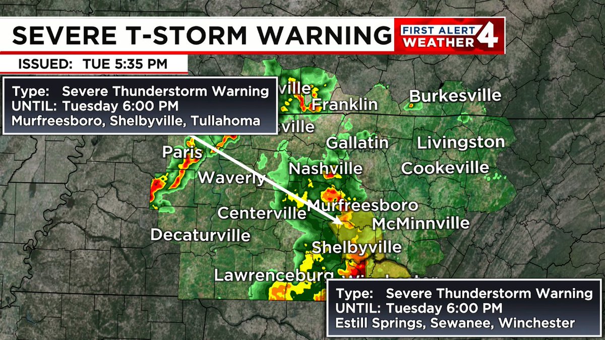 SEVERE THUNDERSTORM WARNING: 60mph+ wind gusts and/or 1' diameter hail or larger are possible in the highlighted area. Remain indoors & away from windows until this storm passes. Tune to WSMV NEWS4 for the latest on this dangerous storm. #FirstAlert