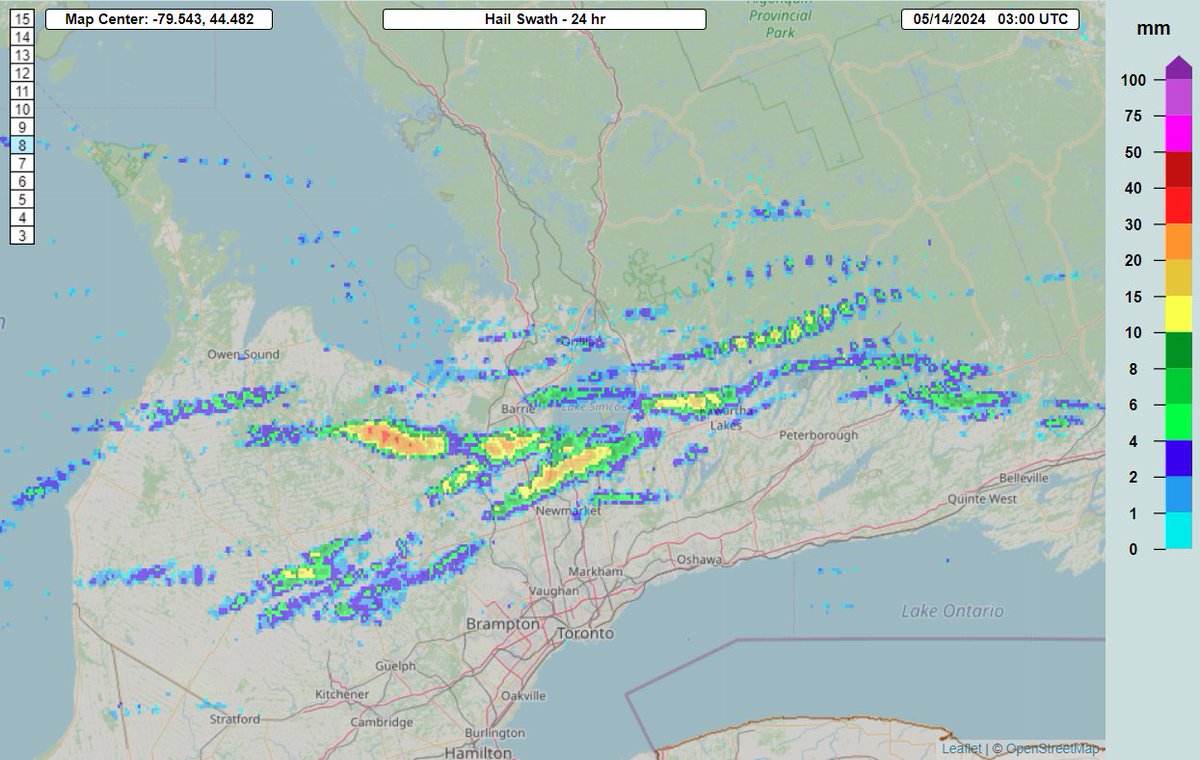 Seeking Hail Reports #ONstorm: We have received numerous reports from yesterday's (May 13) storms in Grey, Simcoe and northern York regions (see MRMS hail swath below). But, we are always up for more!

Let us know if you saw or heard anything!