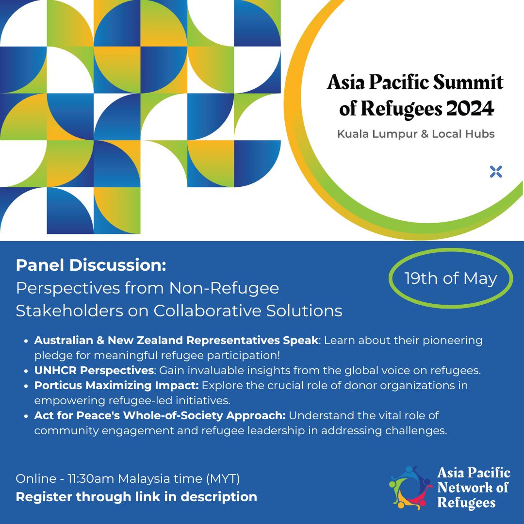 🌟 Join us for a game-changing talk on refugee empowerment & participation! Hear from Australian & New Zealand reps, UNHCR, Porticus, & Act for Peace. 🔗 forms.gle/idpfVCfvmUhveD… Registration open for everyone #APSOR2024 #APSOR #Refugees #Summit #AsiaPacific