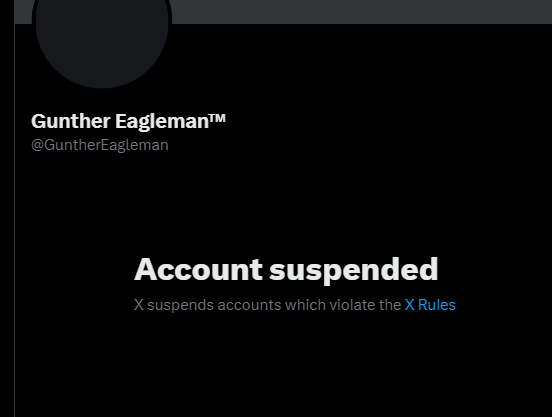 Free @GuntherEagleman 

Not sure what happened, but I am sure it was a mistake. Probably mass reported by liberals.