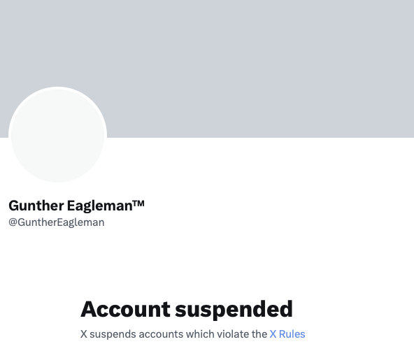 Breaking: One of my best friends @GuntherEagleman has had his account suspended on X for no reason... Not even an email.. On the phone with Gunther now. @elonmusk I thought we were done with this kind of censorship?