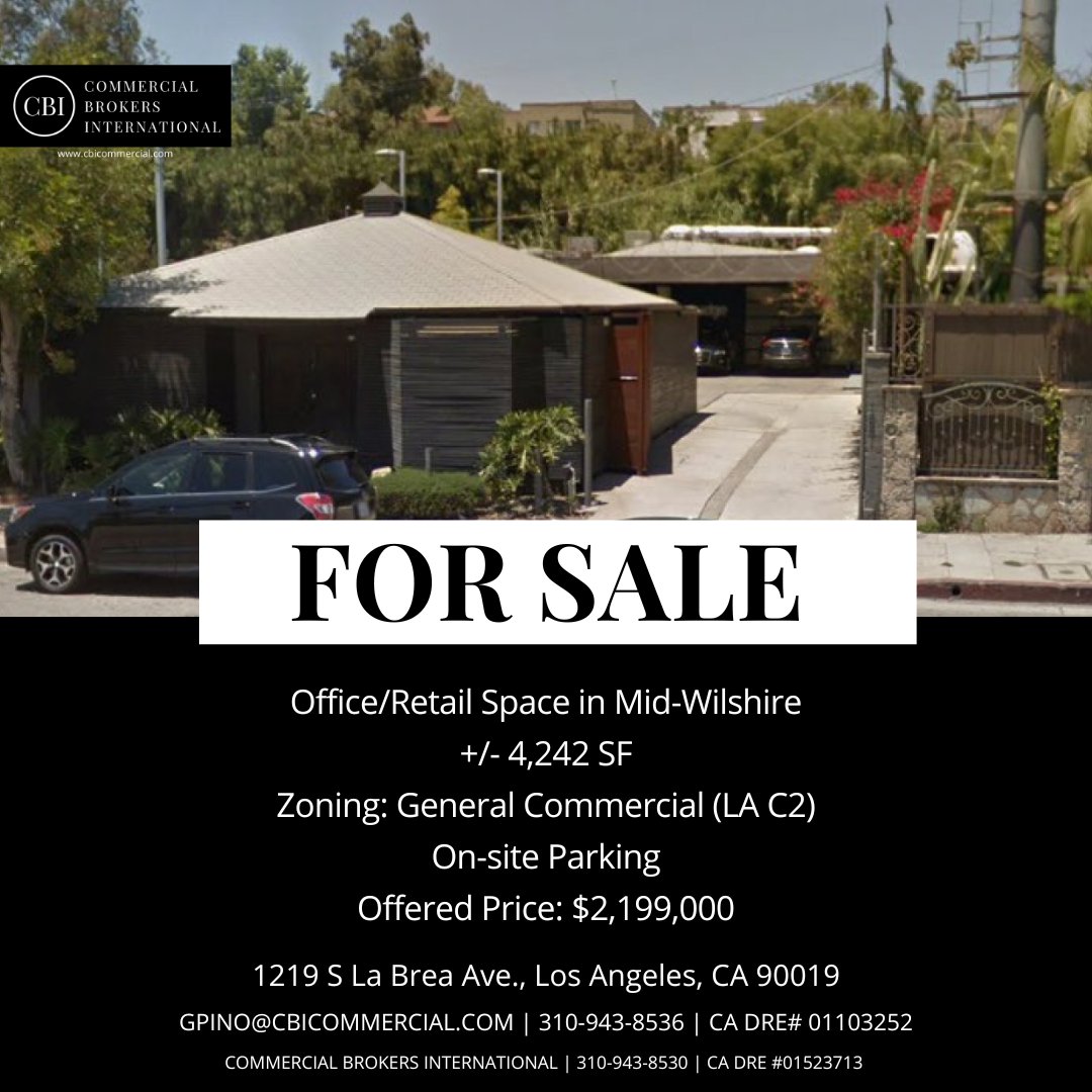 Office/retail space for sale in Mid-Wilshire 📍1219 S La Brea Ave, Los Angeles, CA 90019; 🏠Approximately 4,242 SF; 🚗Parking on site; Offered at $2,199,000; Reach out to George Pino at gpino@cbicommercial.com or 310-943-8536 #forsale #realestate #CommercialRealEstate