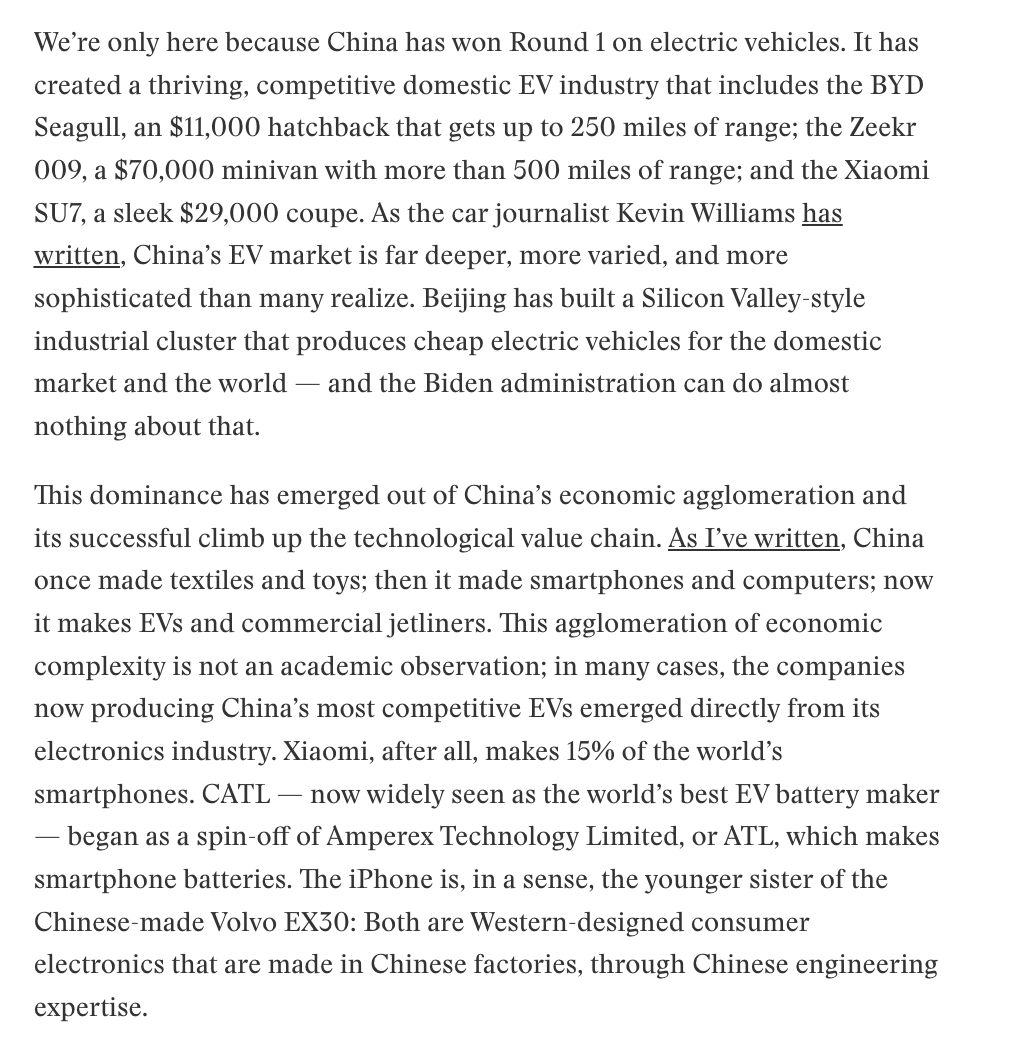 The absolute MOST important thing to understand about Biden’s new tariffs is that they are a response to China’s successful, growing, diversified EV manufacturing industry. China has won Round 1 of EVs — and it won it partly through its own tariffs and trade rules.
