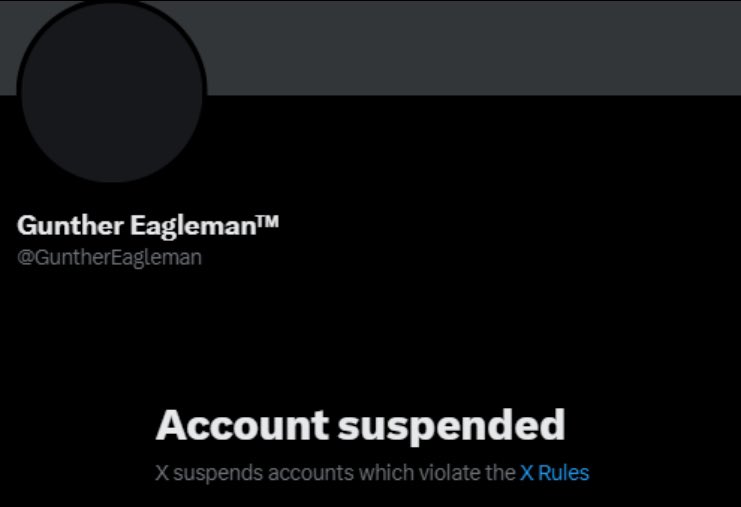 Gunther Eagleman has had his account suspended. I’m assuming it’s over mass reporting a from liberal. None of us are safe from these mass reportings. Which of us will be next.
