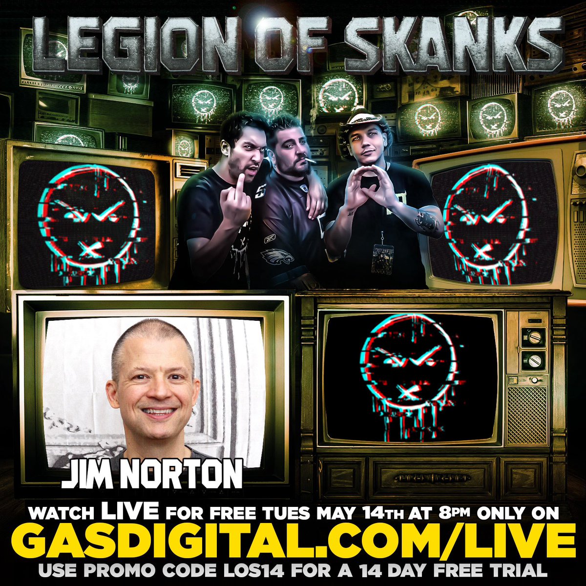 We have @JimNorton making his #LegionOfSkanks return! Tonight at 8PM E only on @gasdigital • @bigjayoakerson @luisjgomez @ComicDaveSmith @jimandsamshow #jimnorton #gasdigital