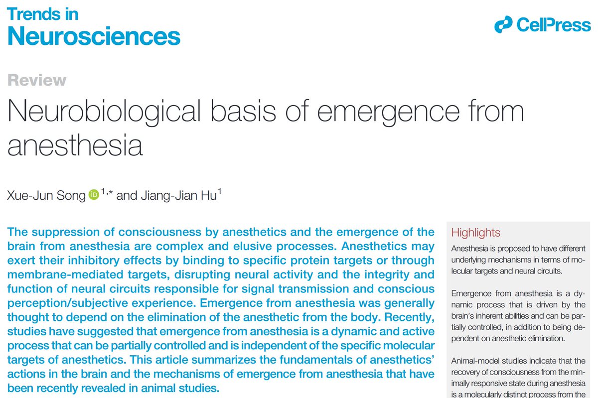 Neurobiological basis of emergence from anesthesia doi.org/10.1016/j.tins…