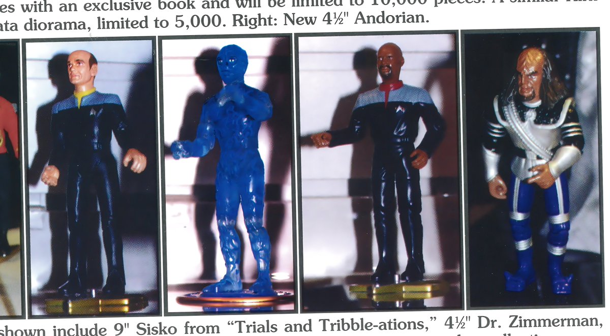 Toy Fair 1998 - Our only good look at some unreleased Star Trek figures from Playmates.  Dr. Lewis Zimmerman (far left) and Captain Sisko in First Contact uniform (second from right) #startrekds9 #StarTrekVoyager #StarTrek #actionfigure #startrektoys