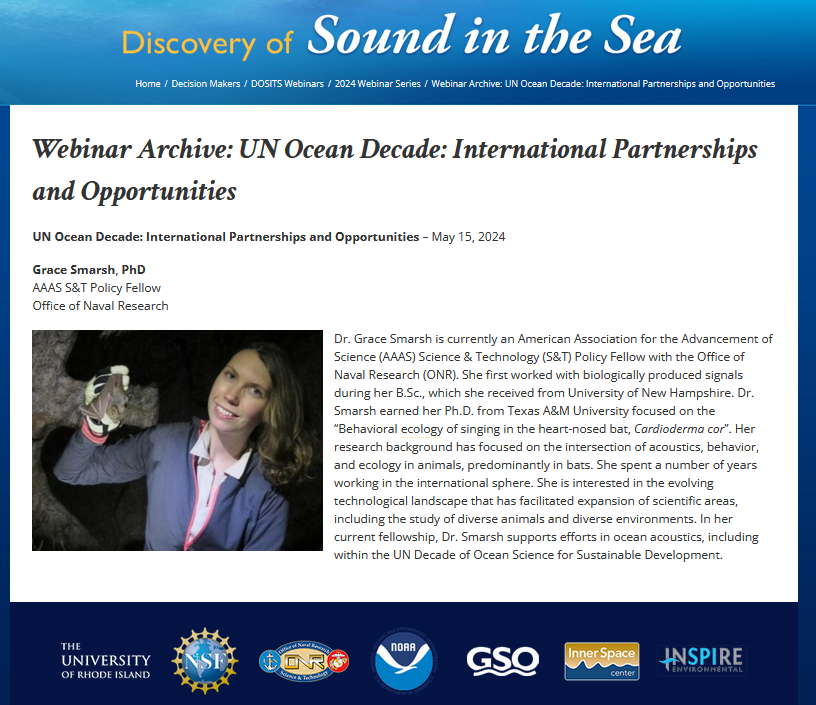 Have been devouring content on dosits.org - Discovery Of Sounds In The Sea website, all about ocean acoustics. I'm excited for their new webinar tomorrow presented by Dr Grace Smarsh talking about the UN Ocean Decade. #OceanAcoustics #OceanDecade #DOSITS