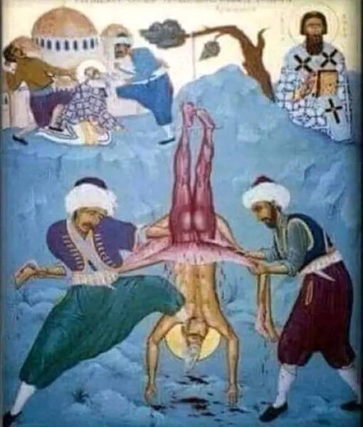 At the National Museum of Serbia is this painting from 1595. It is a representation of the Serbian Orthodox Bishop of Vršac Teodor being skinned alive by Ottoman Turks. A common practice, it was mainly carried out on Christians who refused to convert to Islam.