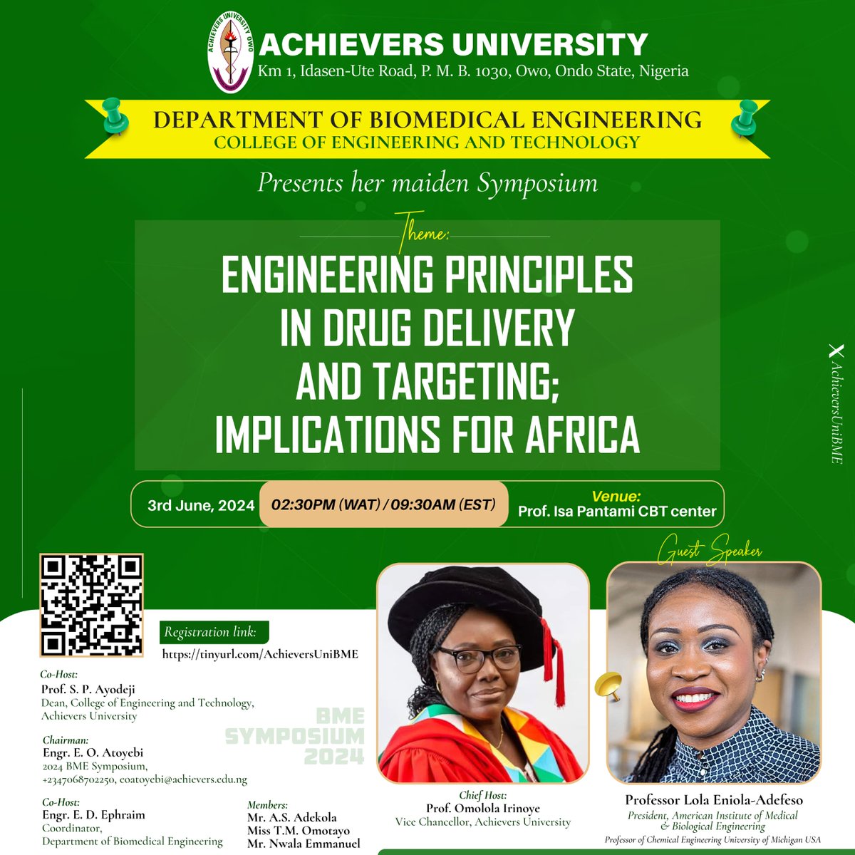AchieversUniBME's tweet image. We are excited to announce that we will be hosting Prof. @Lola_UMich on 3rd June, 2024 as guest speaker at the maiden edition of our Biomedical Engineering Symposium

You are all invited to @AchieversUniBME and @AchieversUni

To join us virtually/register: tinyurl.com/AchieversUniBME