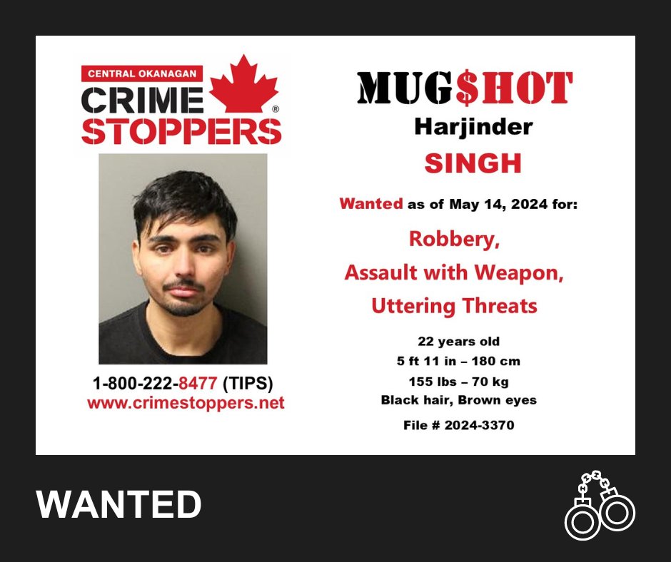 #WantedWednesday Be on the lookout for Harjinder Singh, wanted for robbery, assault and uttering threats.  Call 1-800-222-8477 or go to crimestoppers.net and tell us in your own words where he can be located.  #centralokanagan