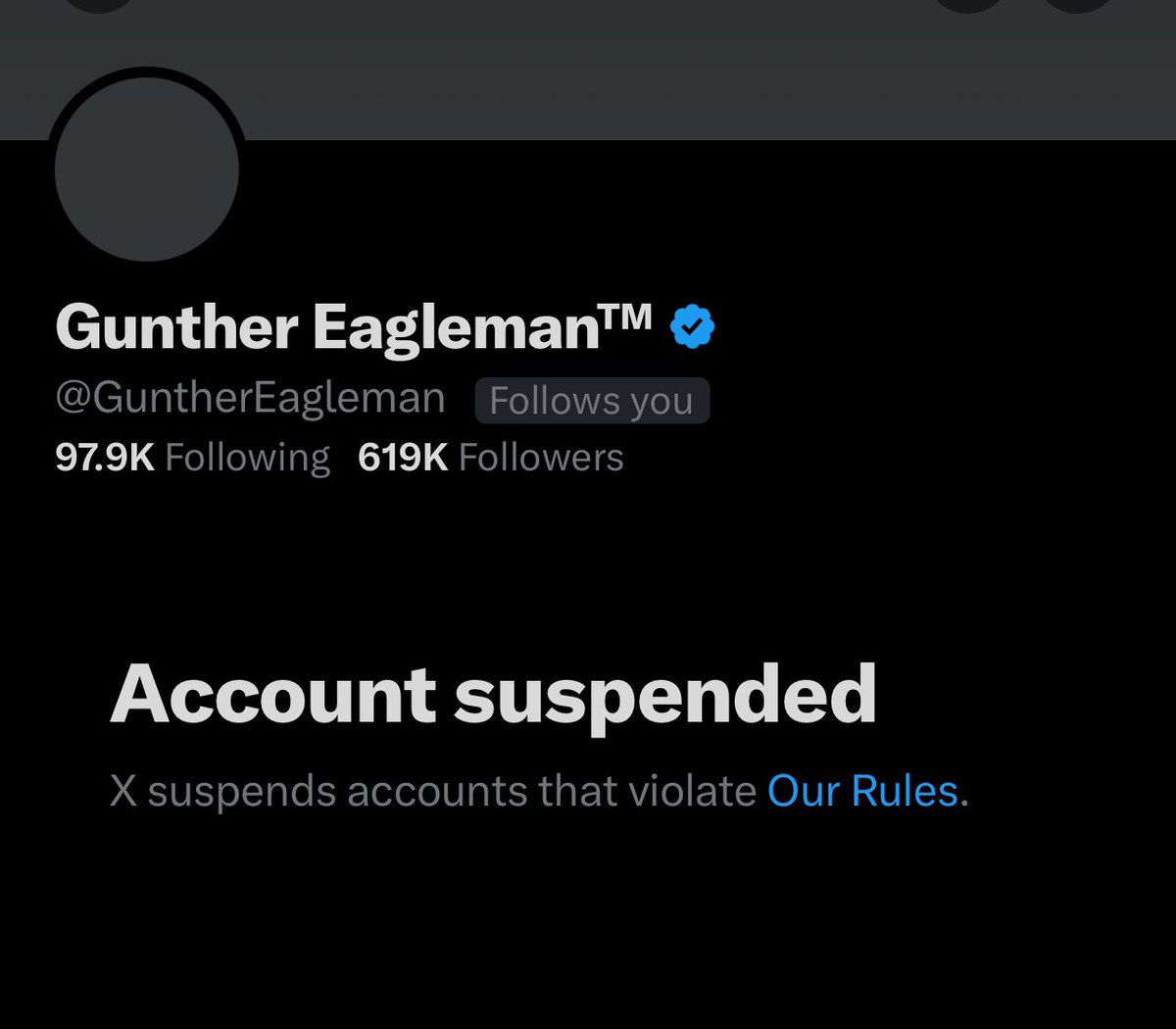 What’s up with this @elonmusk? @GuntherEagleman suspended? #FreeSpeech