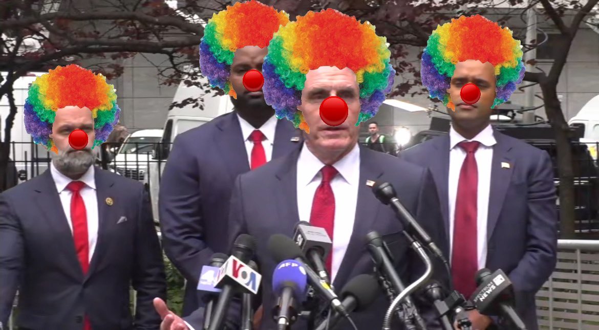 Breaking News: Clown Caucus holds press conference to defend #DonSnoreleone during today’s trial. #FreshUnity