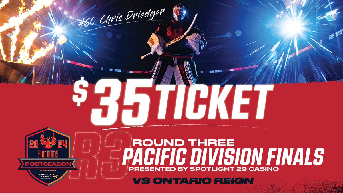 Join us for Round 3 with a special ticket offer. Fuel The Fire $35 Ticket Offer* 🔥 

Limited time offer, based on availability for seating in sections 110 &amp; 118 only.

 cvfirebirds.com/tickets/playof…

<a href="/AcrisureArena/">Acrisure Arena in Greater Palm Springs</a>