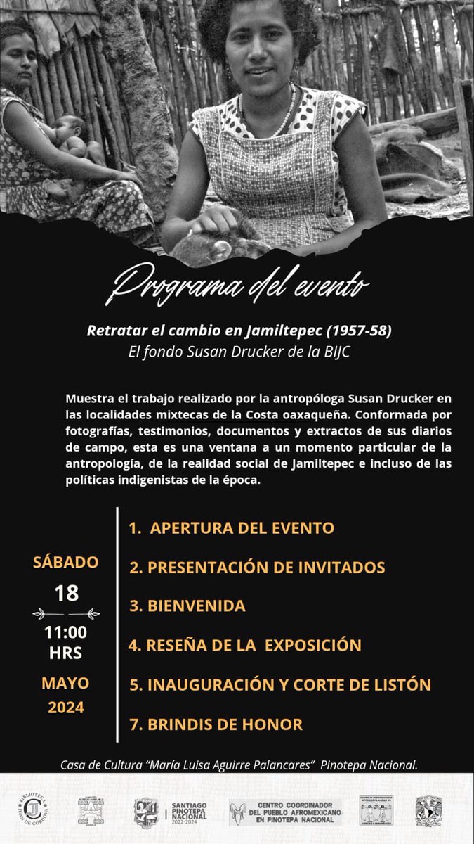 Este 18 de mayo a las 11 a.m. inauguraremos en Pinotepa Nacional la exposición 'Retratar el cambio en Jamiltepec 1957-1958' que se presentará en la Casa de la Cultura 'María Luisa Aguirre Palancares' del 18 de mayo al 18 de junio. #exposicionesbijc #pinotepa #FAHHO