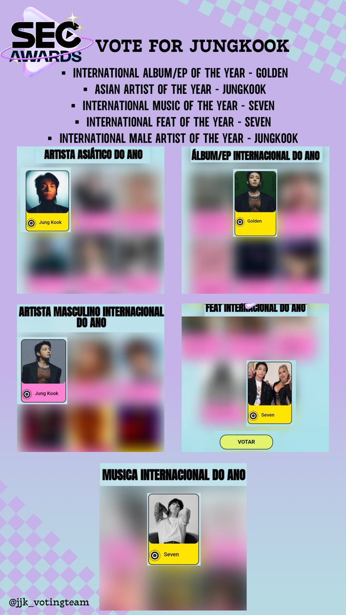🗳️| SEC Awards DROP YOUR VOTE FOR JUNGKOOK » voting unlimited » password :2024 ▪︎ Asian Artist Of The Year: 🗳️bit.ly/4a9U0vA ▪︎ International Album/EP Of The Year: 🗳️bit.ly/3Up1c13 ▪︎ International Feat Of The Year: 🗳️bit.ly/4bmM4Z3 ▪︎