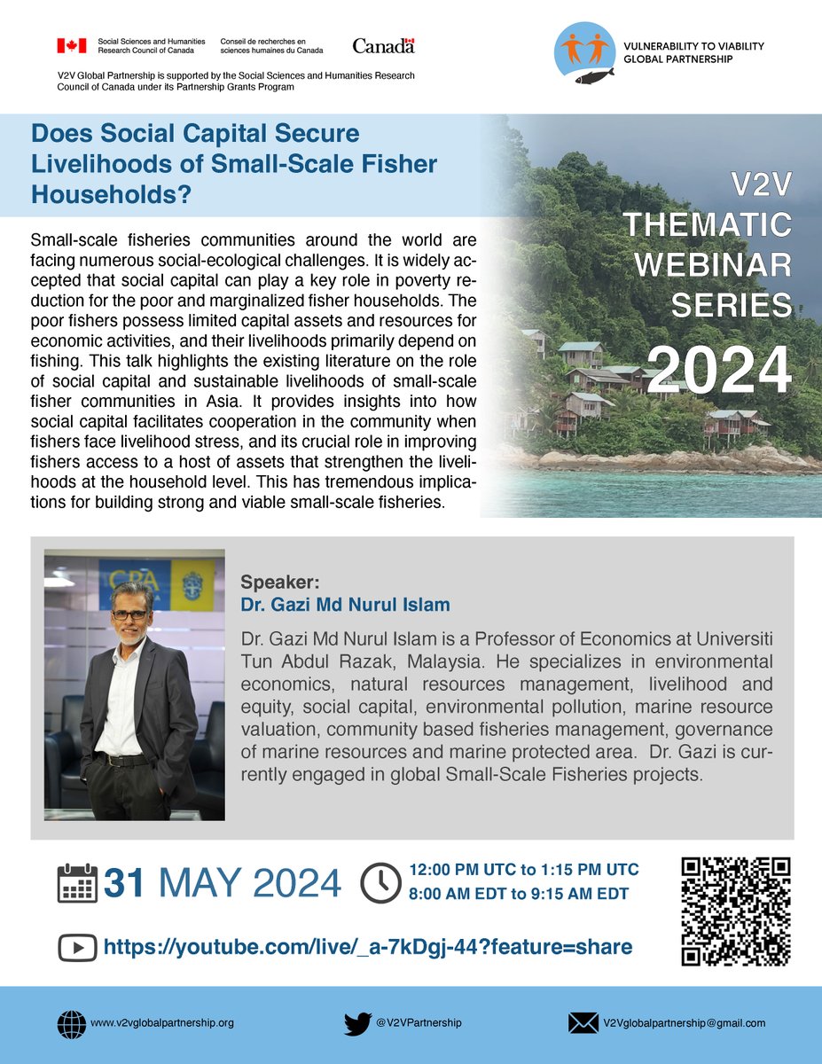 📍SAVE THE DATE! #ThematicWebinar #SSF 📢Does Social Capital Secure Livelihoods of Small-Scale Fisher Households? 🎙️Speaker: Gazi Md Nurul Islam 🗓️May 31, 2024 (Friday) ⏰12:00 PM to 1:15 PM UTC ▶️youtube.com/live/_a-7kDgj-…