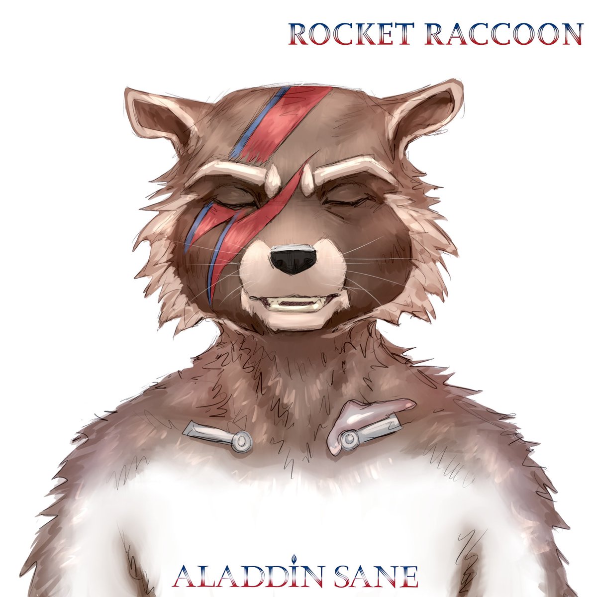 New Rocket album cover redraw!! Today I went with the iconic Aladdin Sane🫶🫶🫶 
Enjoy!!❤️⚡️🦝

#RocketRaccoon #DavidBowie