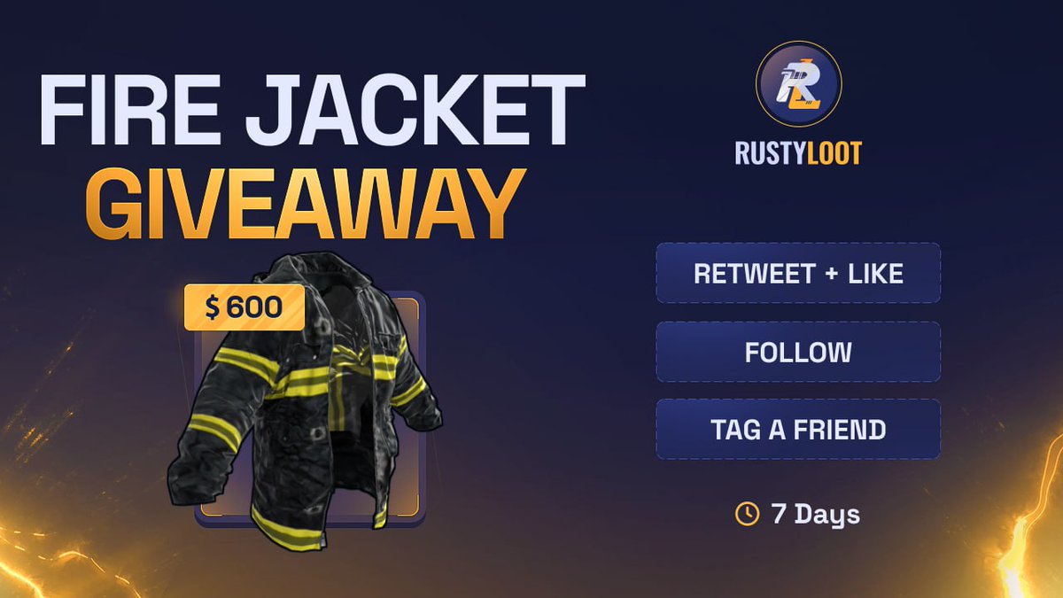 🔥 $600 FIRE JACKET GIVEAWAYYY 🔥

TO ENTER :

➡️  Follow @RustylootGG
➡️  Like & RT
➡️  Tag a Friend

Winner is chosen in 7 days! ⏰