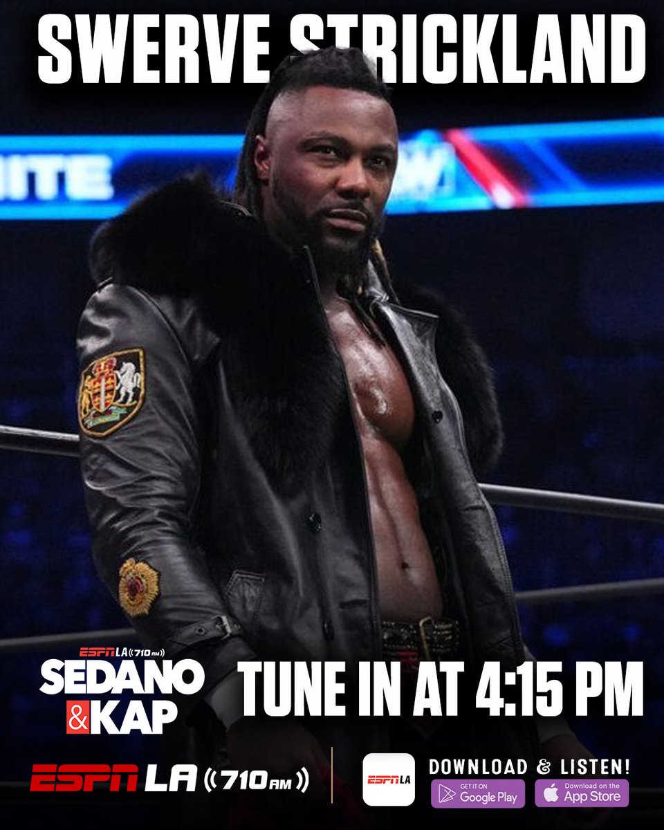 All Elite Wrestling Champion @swerveconfident will join @Sedano & @ScottKaplan in studio at 4:15 PM! 🤼 📺: youtube.com/espnla 📲: ESPN LA app 📻: 710 AM
