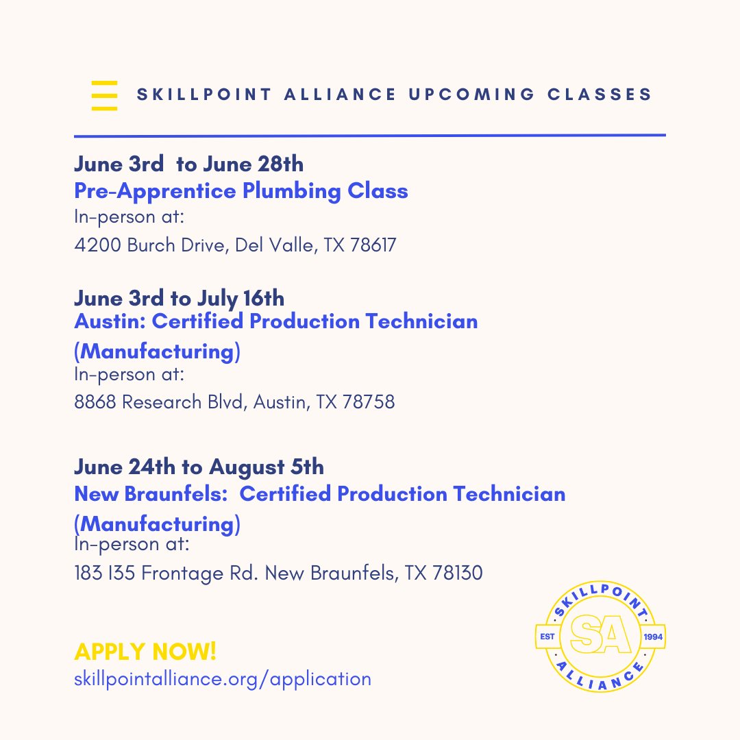 🚀 Ready to kickstart your career in just 4-6 weeks? 💼 Don't miss out on our upcoming free fast  trainings! Apply now at: skillpointalliance.org 🎓
 #SkillpointAlliance #TrainingPrograms #UpcomingClasses #SkillBuilding #CareerTraining #PreApprenticePlumbing #CPT #Austin