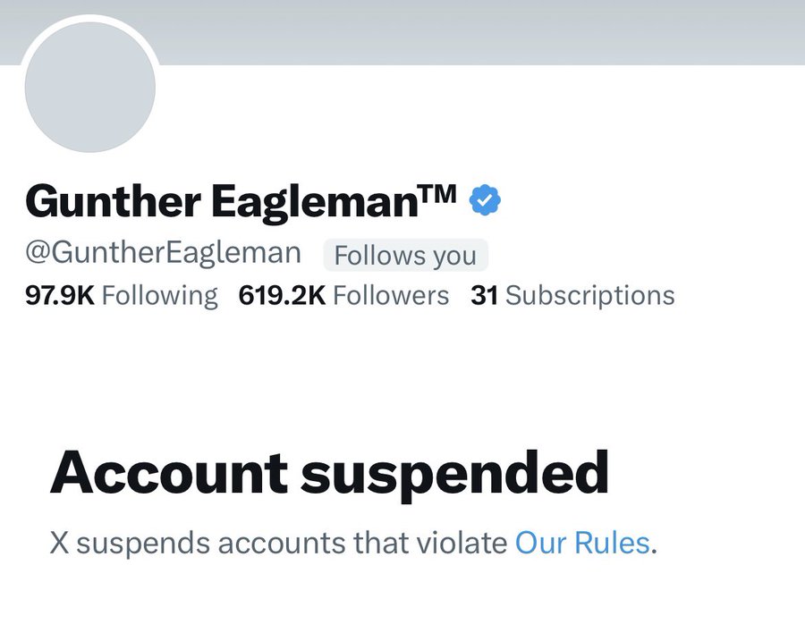 Here we go again!!!

Come on @elonmusk , @X !!!  Most people on this platform know @GuntherEagleman and he doesn't do anything to get suspended for!!

Reinstate his account NOW!!!

Y'all share this!!  This shit needs to stop!!