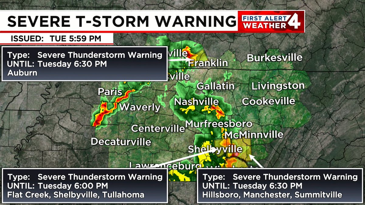 SEVERE THUNDERSTORM WARNING: 60mph+ wind gusts and/or 1' diameter hail or larger are possible in the highlighted area. Remain indoors & away from windows until this storm passes. Tune to WSMV NEWS4 for the latest on this dangerous storm. #FirstAlert