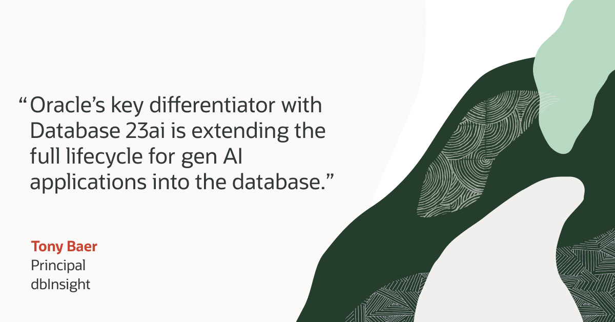 What do leading industry analysts think about all the new innovations in @OracleDatabase 23ai?  Read the new report by @TonyBaer at dtInsights, 'Oracle Database 23ai Puts AI in the Driver's Seat,' and discover the unique advantage Oracle is delivering: social.ora.cl/6011dGM8v