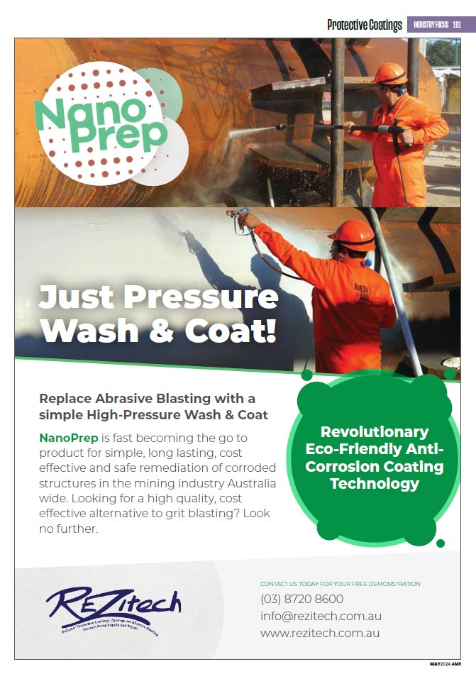 Link: ow.ly/Q6Xg50Ruprs
Rezitech Services Pty Ltd | Replace abrasive blasting with a simple High-Pressure Wash and Coat

#australianminingreview #mining #miningnews