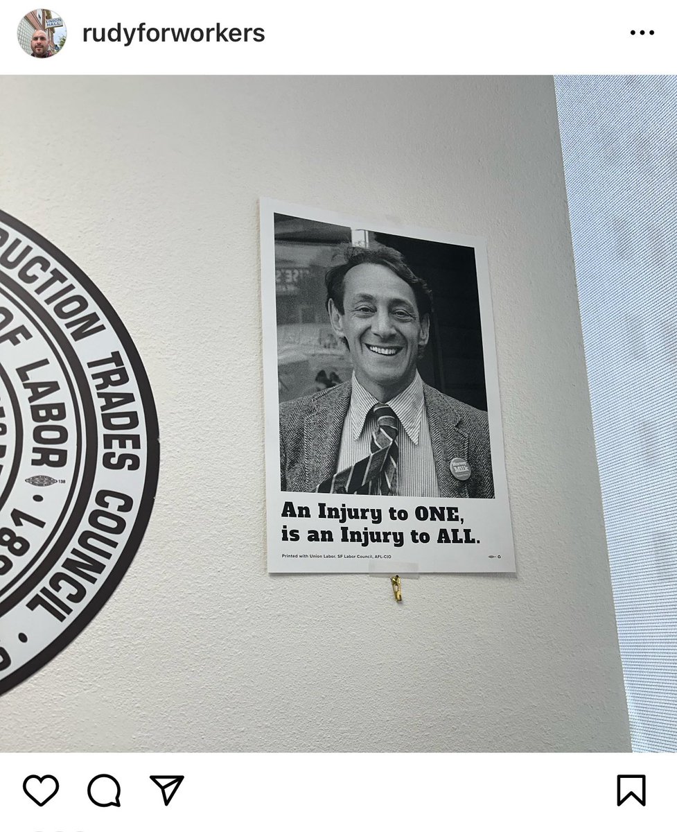 Now more than ever I reflect on Harvey Milk and solidarity. We live in dangerous times and it’s not dramatic to see how threats to our freedom, threats to workers of all backgrounds are threats to us all. #harveymilk #solidarity #boycottcoors #Teamsters