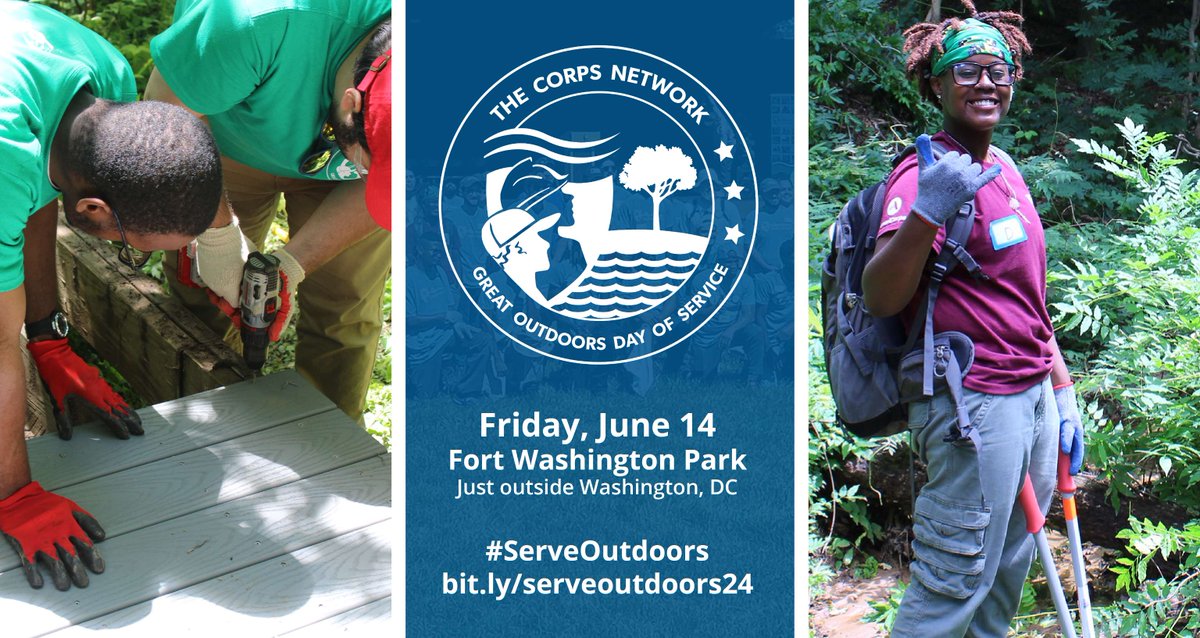 Celebrate Nat'l Service and Conservation Corps Day! #ServeOutdoors with us. Register for our 9th #GreatOutdoors Day of Service.
🔹6/14, 8am-2pm
🔹WHERE: Fort Washington Park, just outside Washington, DC
✅ REGISTER: bit.ly/serveoutdoors24 

#AmericanClimateCorps @npsyouth