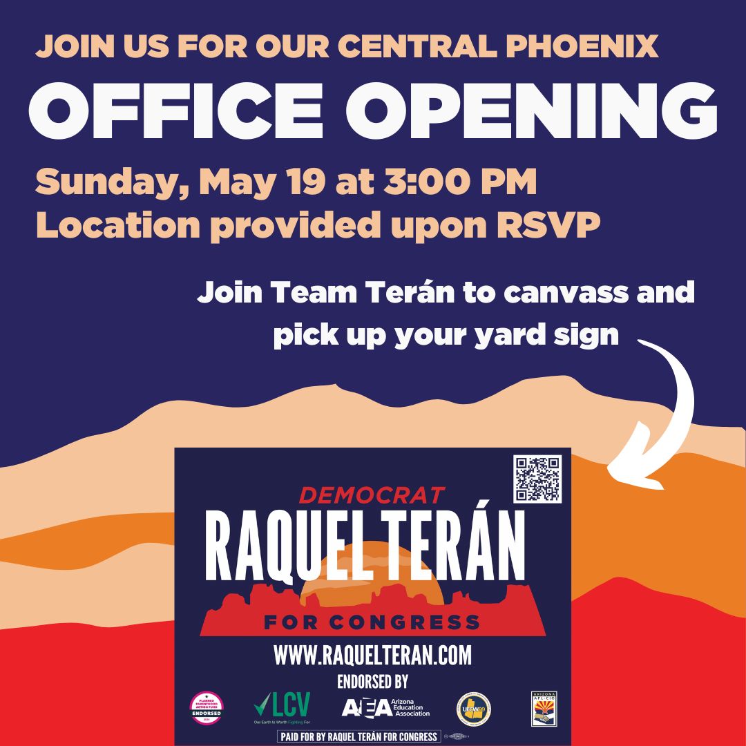 We're excited to invite you to our central phoenix office opening! Come see our new space, pick up your yard sign, and knock some doors THIS SUNDAY! RSVP with this link: mobilize.us/s/JM9HWH