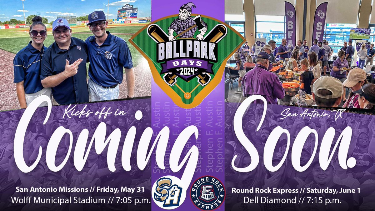 We are excited to kick off our SFA Ballpark Days in San Antonio and Round Rock in just a few weeks!

Tickets are going fast! Be sure and visit SFAAlumni.com/ballparkdays to get your tickets for every stop during our summer tour. We look forward to seeing you soon!

#AxeEm