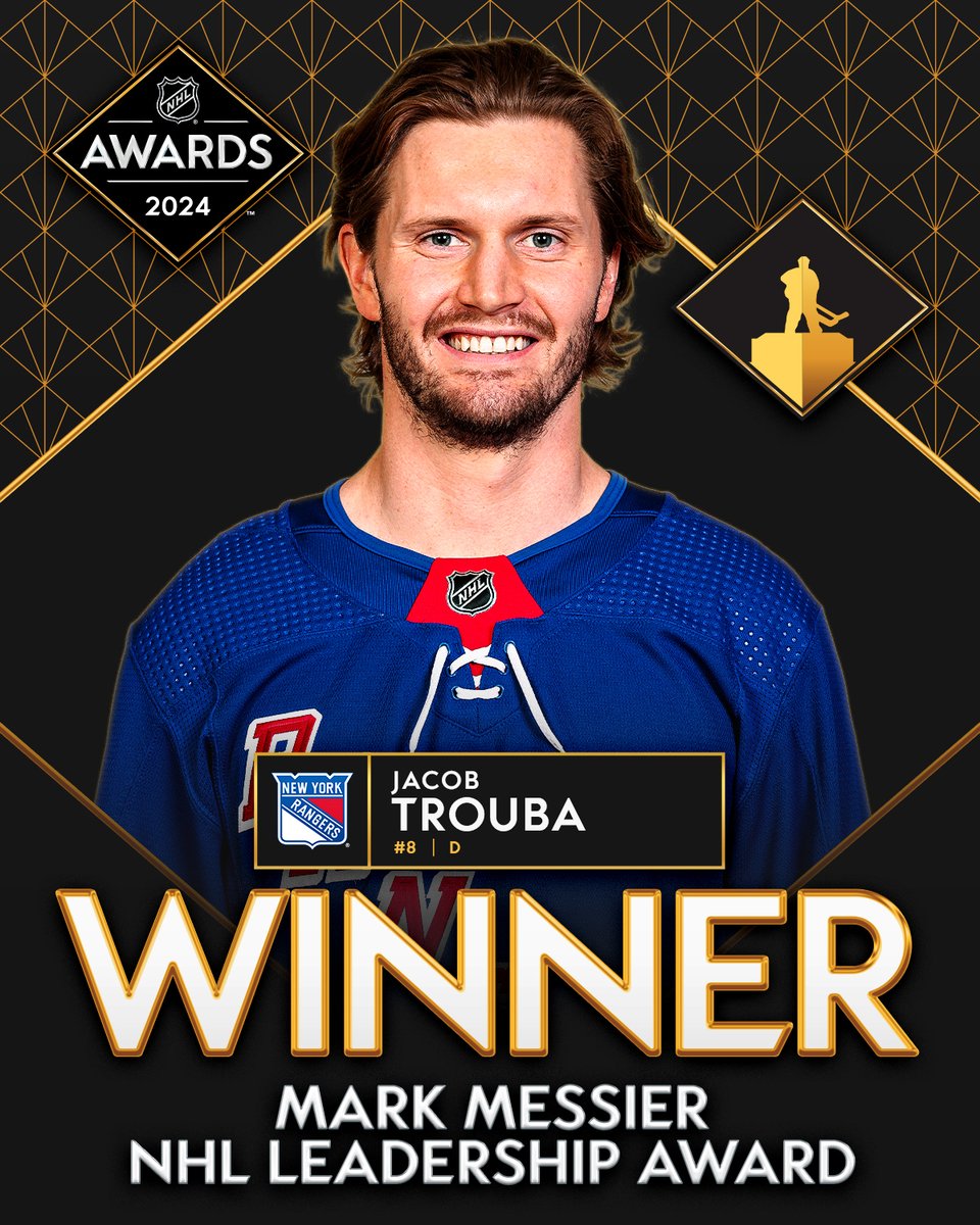 Jacob Trouba has been awarded the Mark Messier NHL Leadership Award for 2023-24! 🙌 

He best exemplified great leadership qualities to his team, on and off the ice this season. #NHLAwards