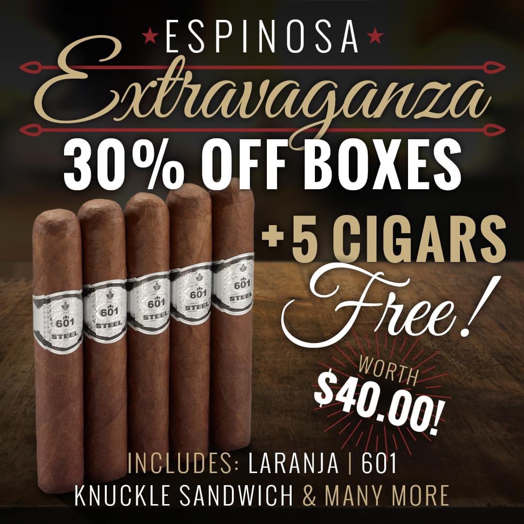 Scoop up your choice of best-selling Espinosa boxes at 30% OFF and get 5 cigars FREE! Order today and score your FREE smokes and hefty discount before this deal goes up in smoke - ow.ly/j1v650RGs4Y. #cigar #cigars