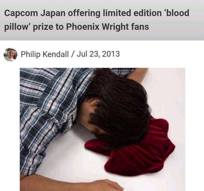 can't go to sleep at night without my limited edition blood pillow ace attorney is pretty close to winning the award for most fuckass merch