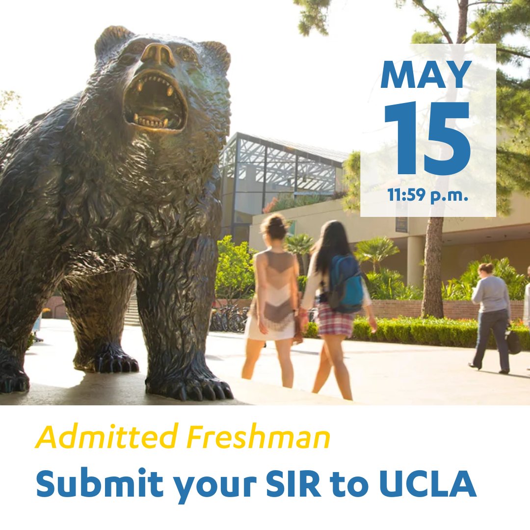 Admitted freshman, remember to submit your Statement of Intent to Register (SIR) by tomorrow, May 15th! Check out our Instagram Story for some answers to our Q&A earlier this month #UCLABOUND
 
The deadline for admitted transfer students is June 1st.