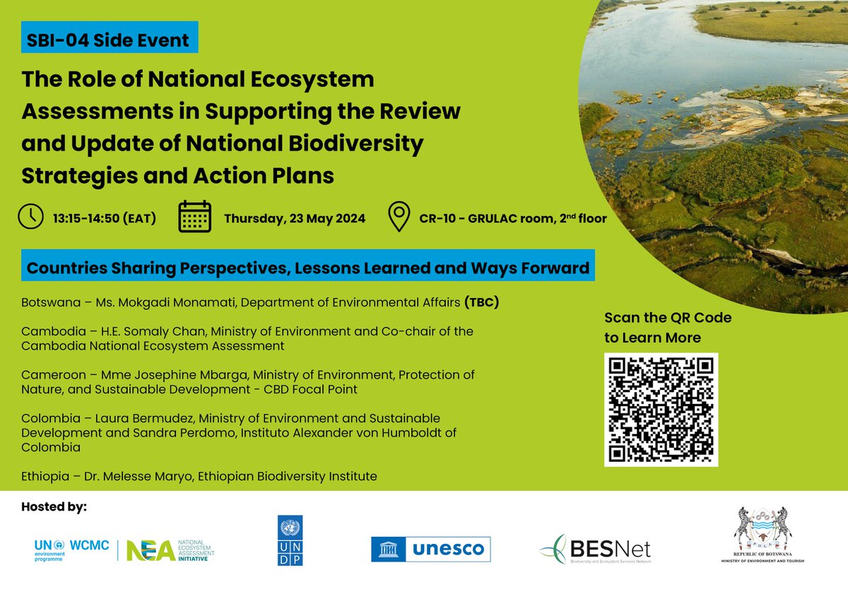 📢 Want to know how ecosystem assessments are pivotal in shaping national biodiversity strategies and action plans? 🌿🔍 Join the NEA Initiative at @unepwcmc, @unesco, @UNDP and @BWGovernment at #SBI04 for an informative session on their role. 🌐 cbd.int/side-events/54…